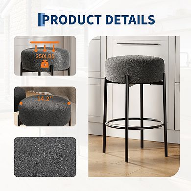Round Bar Stools Set of 2, Backless Bar Stools, Upholstered with Foot Rest for Kitchen Island
