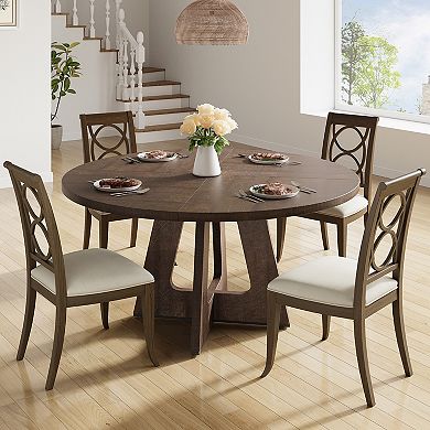 Round Dining Table for 4-6 People, Circle Dinner Table with Wooden Cross Pedestal Base, Table Only