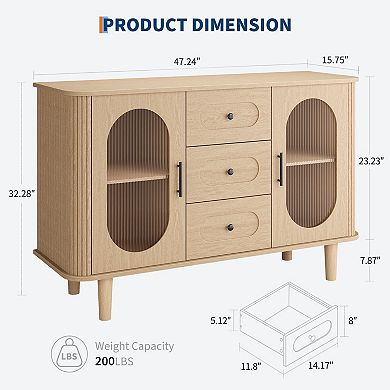 Sideboard Buffet Cabinet with 2 Fluted Glass Doors & 3 Drawers, Modern Storage for Living Room