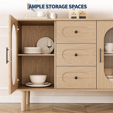 Sideboard Buffet Cabinet with 2 Fluted Glass Doors & 3 Drawers, Modern Storage for Living Room