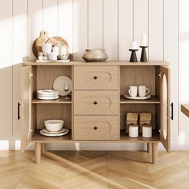 Sideboard Buffet Cabinet with 2 Fluted Glass Doors & 3 Drawers, Modern Storage for Living Room