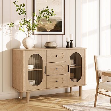 Sideboard Buffet Cabinet with 2 Fluted Glass Doors & 3 Drawers, Modern Storage for Living Room