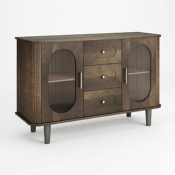 Sideboard Buffet Cabinet with 2 Fluted Glass Doors & 3 Drawers, Modern Storage for Living Room