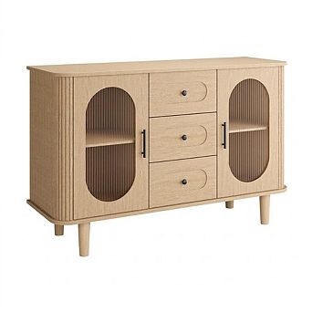 Sideboard Buffet Cabinet with 2 Fluted Glass Doors & 3 Drawers, Modern Storage for Living Room
