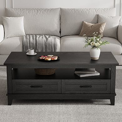 47.2" Modern Coffee Table, Farmhouse Wood Storage Table with Drawers and Open Shelf