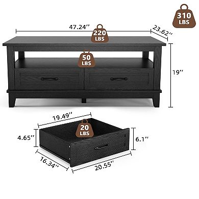 47.2" Modern Coffee Table, Farmhouse Wood Storage Table with Drawers and Open Shelf