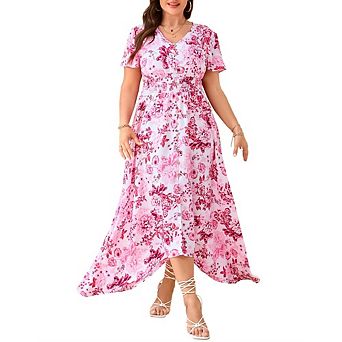 Women's Plus Size V Neck Midi Dress Short Sleeve Front Placket Casual Dress