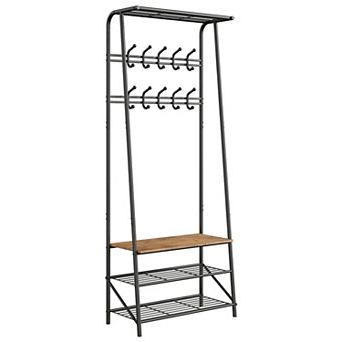 Hall Tree Entryway Bench with Coat Rack and Shoe Storage, Metal Frame Furniture for Bedroom