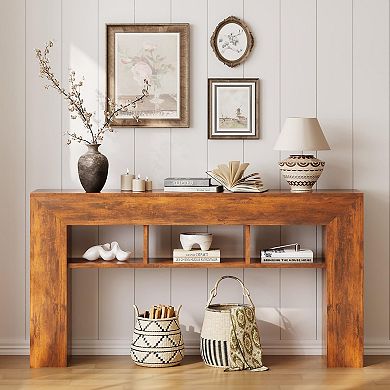 63" Farmhouse Console Table with Storage Shelves, Long Narrow Sofa Table for Entryway, Hallway