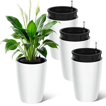 Self Watering Tall Planters Set of 4, Large Pots with Drainage and Water Level Meter for Garden