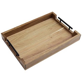 Acacia Wood Serving Tray with Metal Handles, Rustic Wooden Food Platter Centerpiece for Breakfast