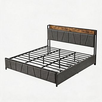Bed Frame with Storage Drawers, Charging Station, Metal Slats, No Box Spring Needed, Easy Assembly