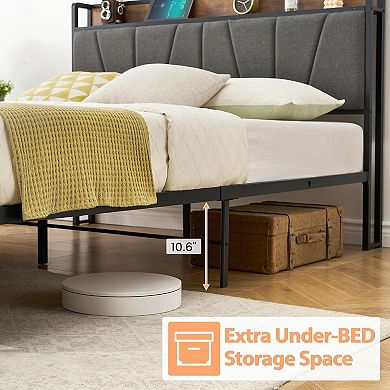 Bed Frame with Storage Drawers, Charging Station, Metal Slats, No Box Spring Needed, Easy Assembly