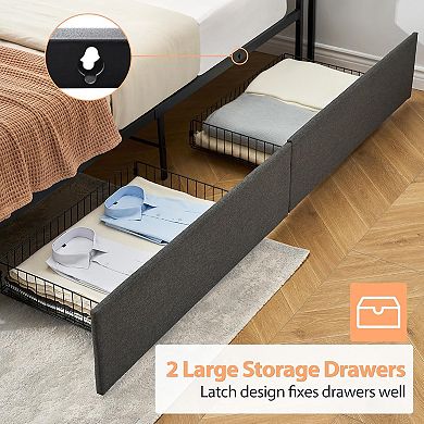 Bed Frame with Storage Drawers, Charging Station, Metal Slats, No Box Spring Needed, Easy Assembly