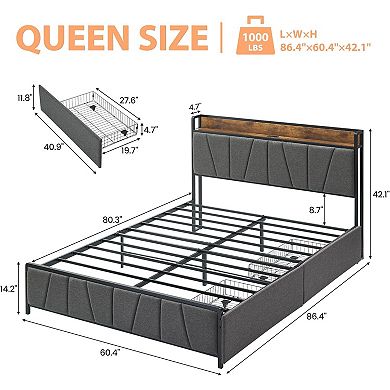 Bed Frame with Storage Drawers, Charging Station, Metal Slats, No Box Spring Needed, Easy Assembly