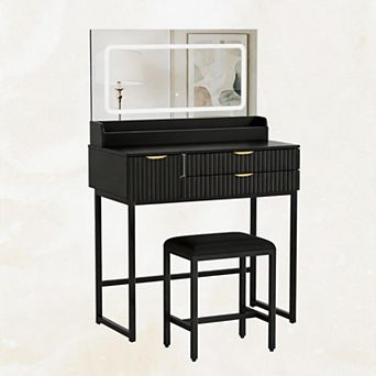 31" Glass Top Makeup Vanity Desk, Vanity Desk Set, Makeup Table with 3 Drawers for Bedroom