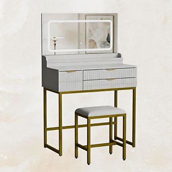 31" Glass Top Makeup Vanity Desk, Vanity Desk Set, Makeup Table with 3 Drawers for Bedroom