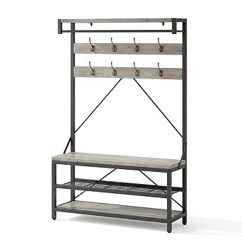 Entryway Hall Tree Bench with Hanging Bar, Storage Shelf & Shoe Rack, 8 Hooks Organizer for Mudroom