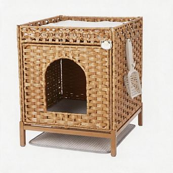 Cat Litter Box, Enclosure Hidden Litter Box Furniture, Rattan Handwoven Cat House for Living Room