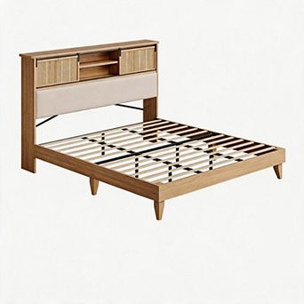 Rattan King Bed Frame with Headboard, Boho King Bed Frame with Shelf Headboard Sliding Door