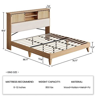 Rattan King Bed Frame with Headboard, Boho King Bed Frame with Shelf Headboard Sliding Door