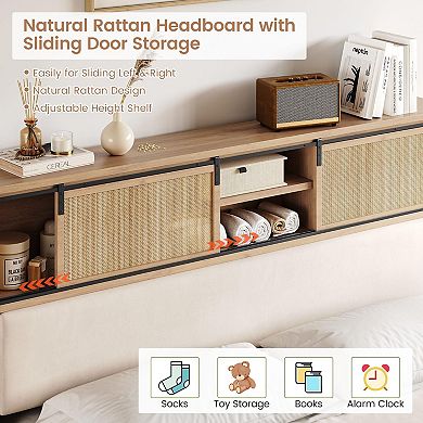 Rattan King Bed Frame with Headboard, Boho King Bed Frame with Shelf Headboard Sliding Door