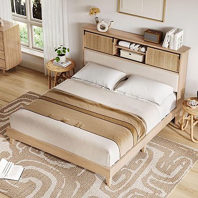 Rattan King Bed Frame with Headboard, Boho King Bed Frame with Shelf Headboard Sliding Door