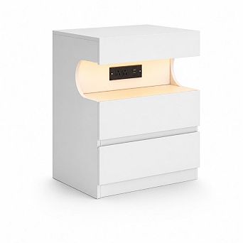 White Nightstand with App-Controlled LED Light, Modern Bedside Table with Charging Station