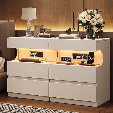 White Nightstand with App-Controlled LED Light, Modern Bedside Table with Charging Station