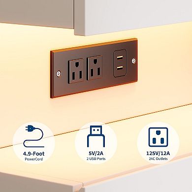 White Nightstand with App-Controlled LED Light, Modern Bedside Table with Charging Station