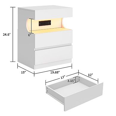 White Nightstand with App-Controlled LED Light, Modern Bedside Table with Charging Station