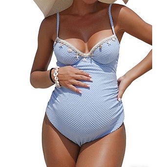 Women's Maternity Textured One-Piece Swimsuit Lace Trim with Ruched Tummy Bathing Suit