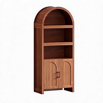 5 tier Arched Bookshelf Cabinet Mid-Century Wood Storage with Doors & Adjustable Shelf
