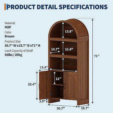 5-Tier Arched Bookshelf Cabinet Mid-Century Wood Storage with Doors & Adjustable Shelf