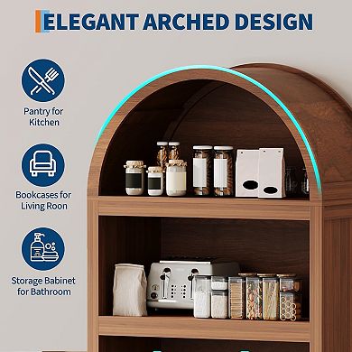 5-Tier Arched Bookshelf Cabinet Mid-Century Wood Storage with Doors & Adjustable Shelf