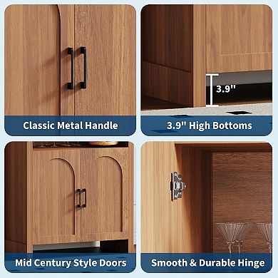 5-Tier Arched Bookshelf Cabinet Mid-Century Wood Storage with Doors & Adjustable Shelf