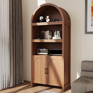 5-Tier Arched Bookshelf Cabinet Mid-Century Wood Storage with Doors & Adjustable Shelf