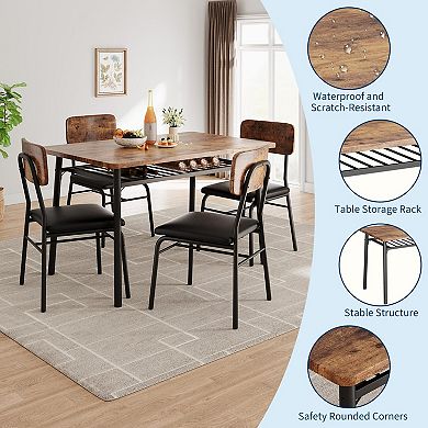 Dining Table Set for 4 with Storage Rack, 5-Piece Kitchen Table and Upholstered Chairs of 4
