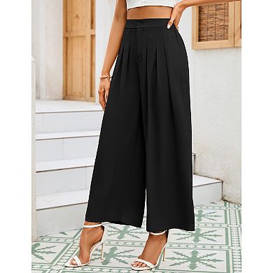 Women's High Waisted Pleated Wide Leg Culottes, Button Front Cropped Trousers