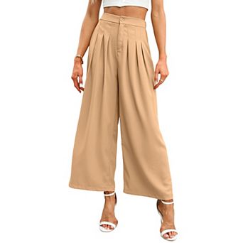 Women's High Waisted Pleated Wide Leg Culottes, Button Front Cropped Trousers
