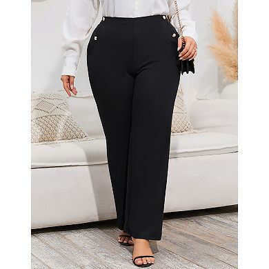 Plus Size High Waisted Pants, Decorative Button Pocket Dress Trousers