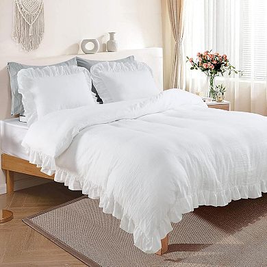3-Piece Soft Microfiber Ruffled Duvet Cover Set with Button Closure, Shabby Chic Farmhouse Bedding,