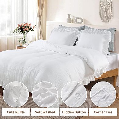 3-Piece Soft Microfiber Ruffled Duvet Cover Set with Button Closure, Shabby Chic Farmhouse Bedding,