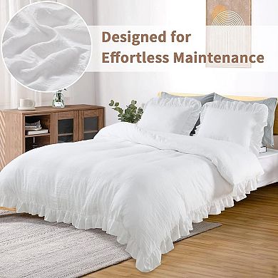 3-Piece Soft Microfiber Ruffled Duvet Cover Set with Button Closure, Shabby Chic Farmhouse Bedding,
