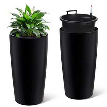 Set of 2 Tall Self Watering Planters, Large Flower Pots with Drainage Holes, Removable Inner Bucket