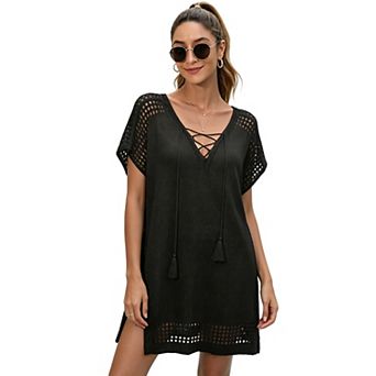 Women's Crochet Cover Up Dress V Neckline Lace Up Tassel Ties Loose Flowy Eyelet Mesh Beach Dress