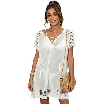 Women's Crochet Cover Up Dress V Neckline Lace Up Tassel Ties Loose Flowy Eyelet Mesh Beach Dress