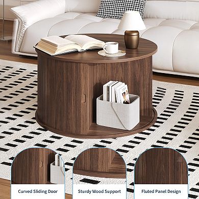 Modern Fluted Round Coffee Table with Open Shelf, Wooden Accent End Table with Hidden Storage