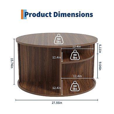 Modern Fluted Round Coffee Table with Open Shelf, Wooden Accent End Table with Hidden Storage