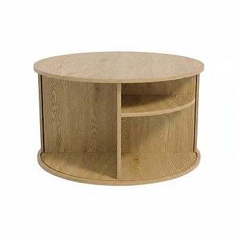 Modern Fluted Round Coffee Table with Open Shelf, Wooden Accent End Table with Hidden Storage